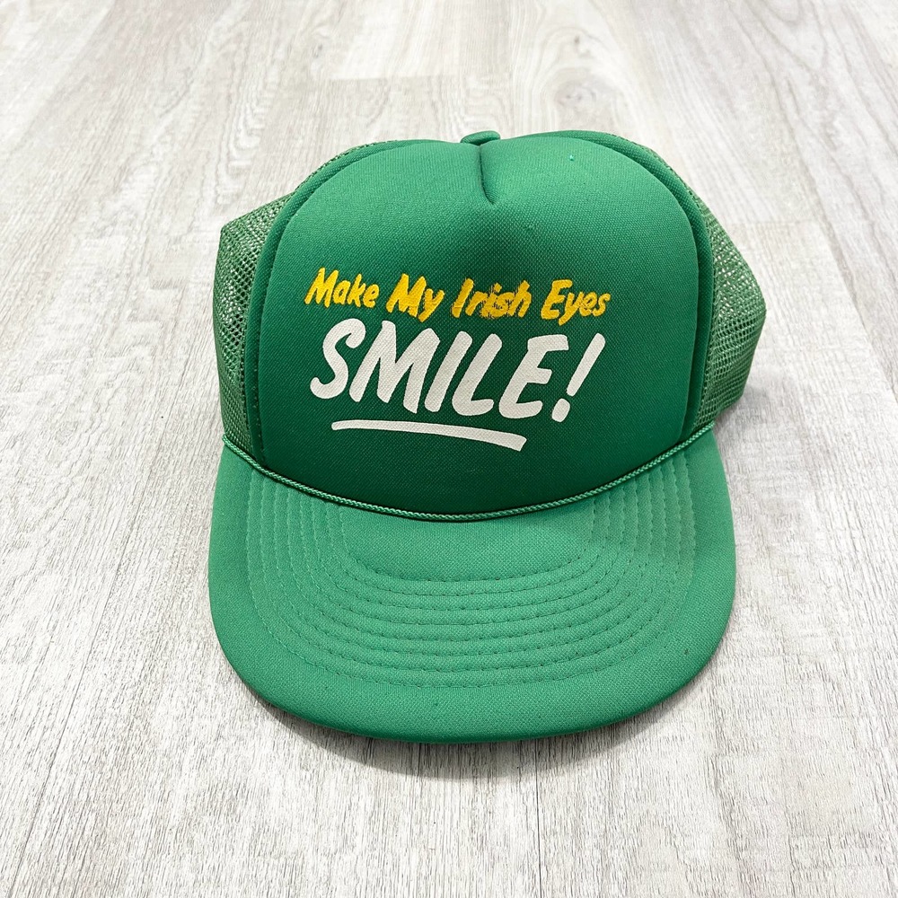 VINTAGE 1980s Make My Irish Eye Smile! Snapback Mesh Hat 80s Green